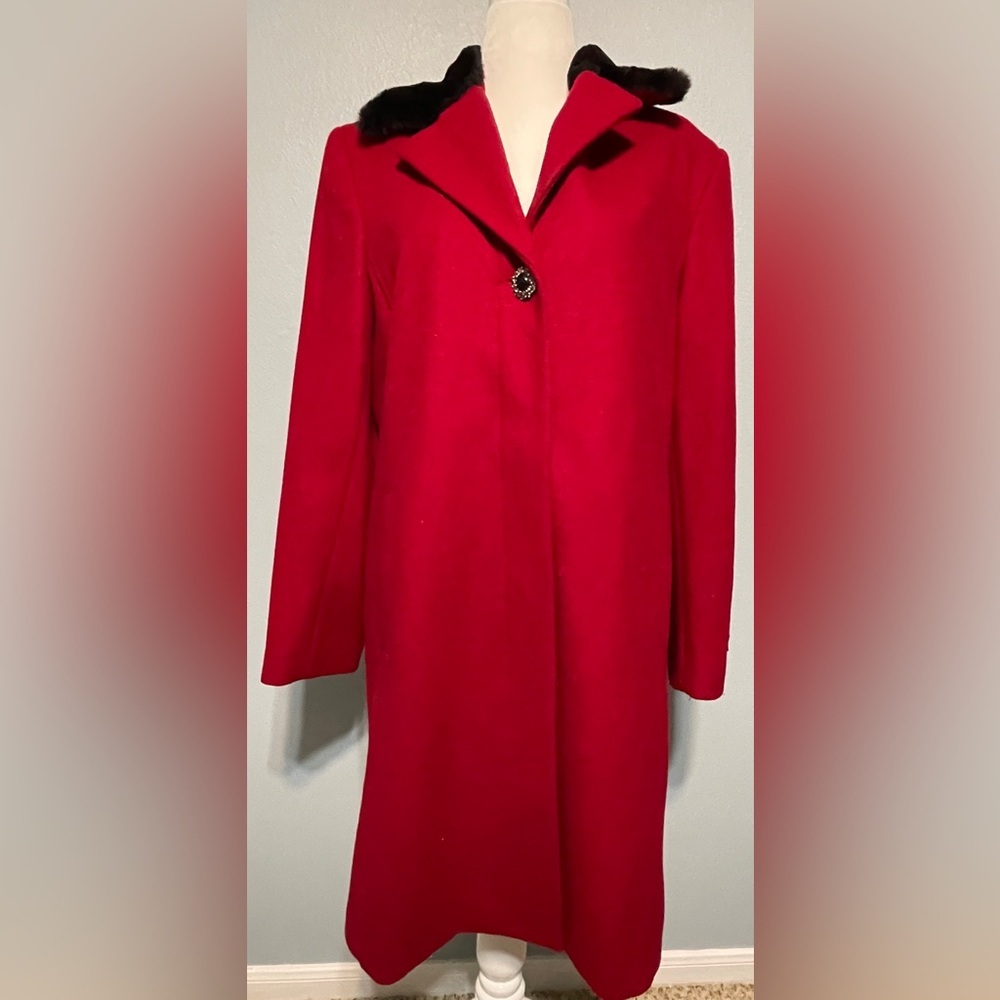 Vintage Braefair Red Wool Coat Black Faux Fur Collar Old Money Retro Size 14